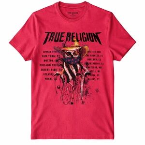 True Religion Skull Cowboy Tour Graphic T Shirt Mens M Red Vintage Style Band